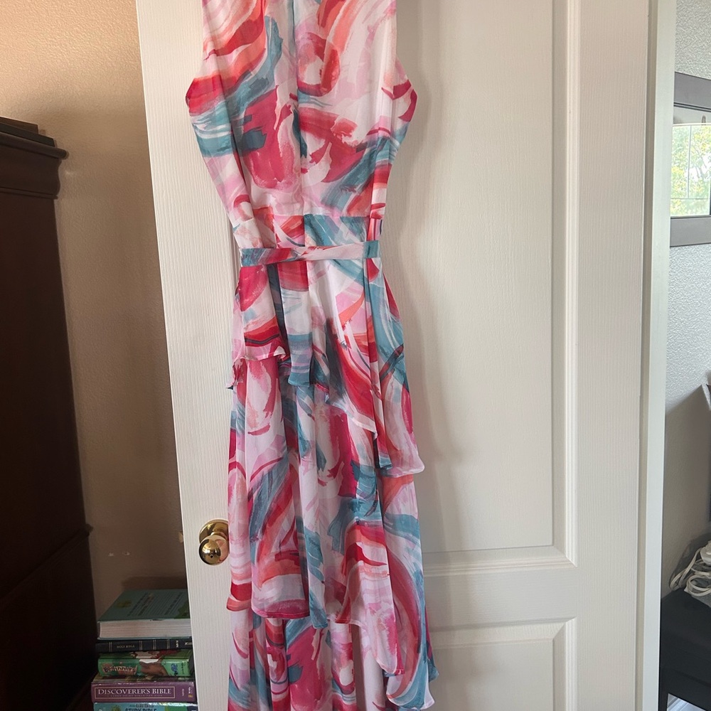 Tahari Pink and Red Asymmetrical Halter Sundress